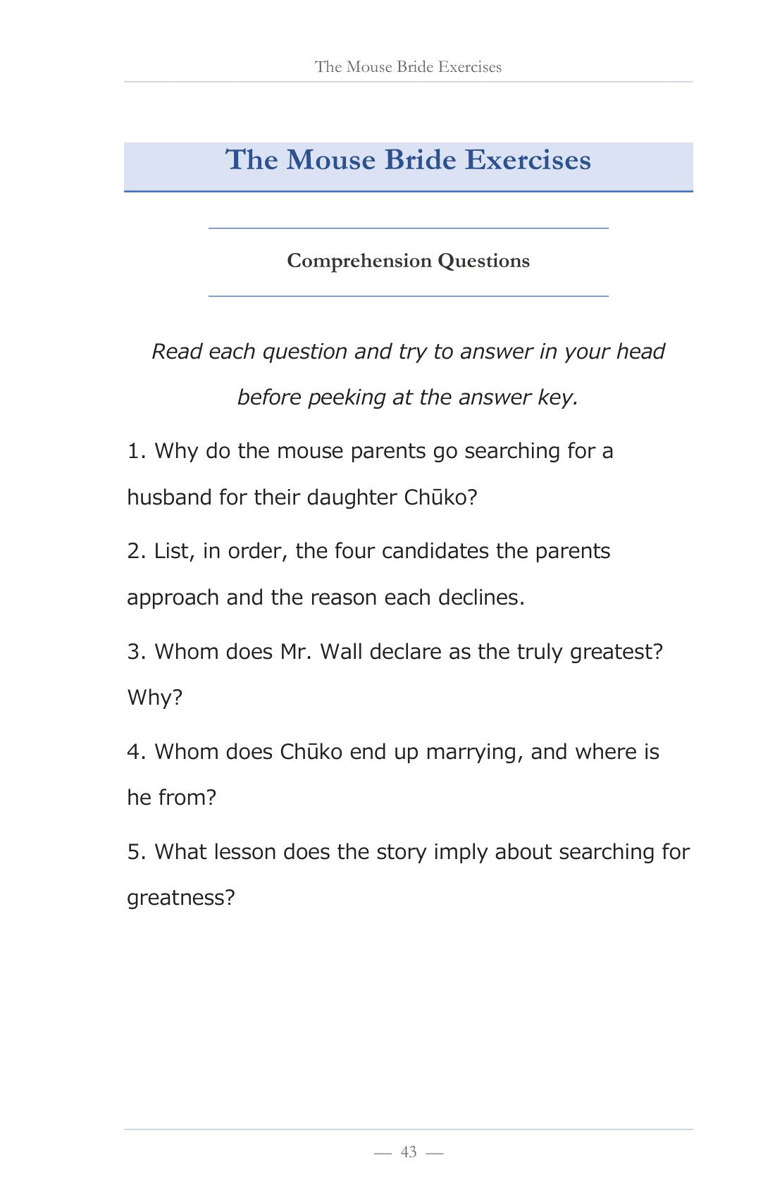 Exercises after every story, page 44 of Learn Japanese with Stories Volume 4: The Mouse Bride