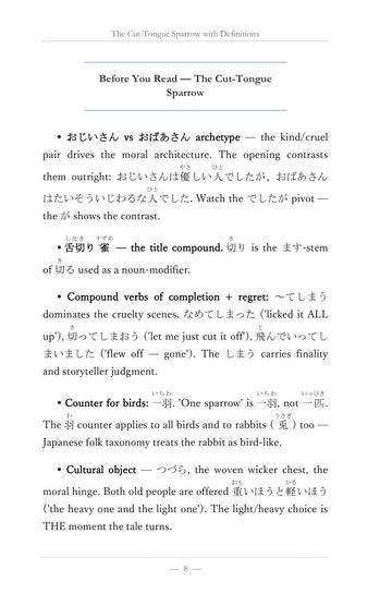 Before You Read notes, page 9 of Learn Japanese with Stories Volume 5: Shitakiri Suzume