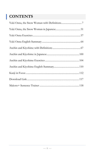 Contents, page 7 of Learn Japanese with Stories Volume 6: Yuki Onna