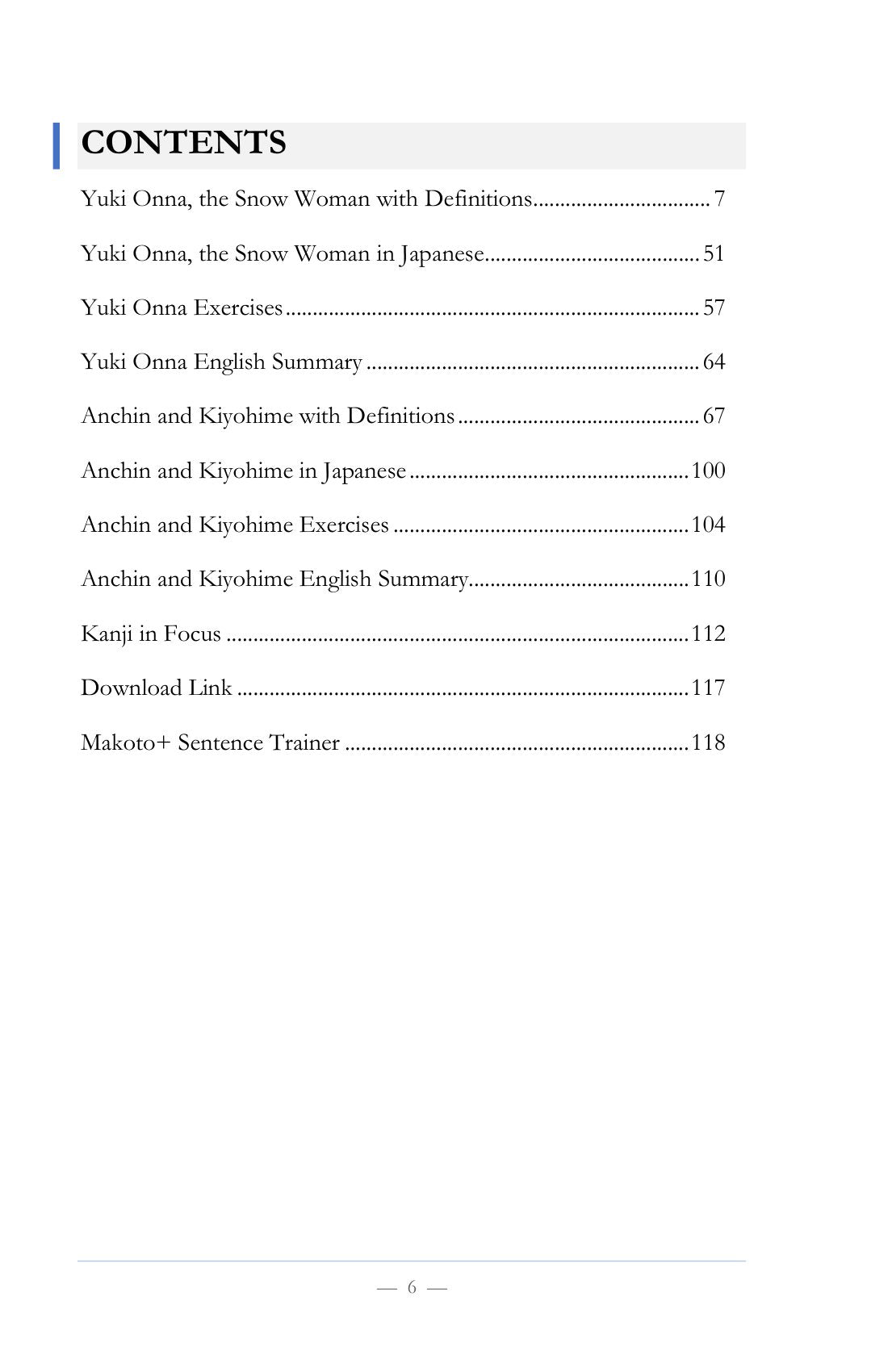 Contents, page 7 of Learn Japanese with Stories Volume 6: Yuki Onna