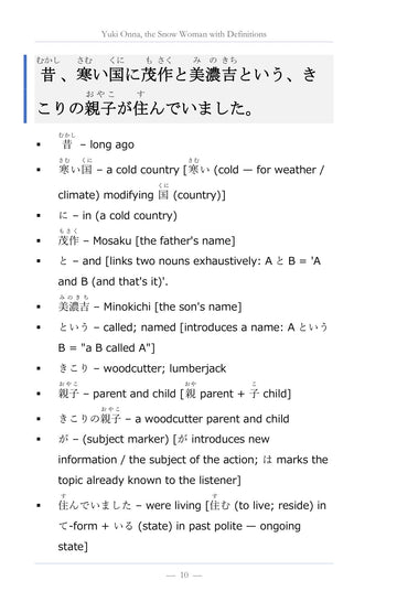 Every sentence, word by word, page 11 of Learn Japanese with Stories Volume 6: Yuki Onna
