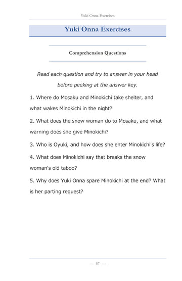 Exercises after every story, page 58 of Learn Japanese with Stories Volume 6: Yuki Onna