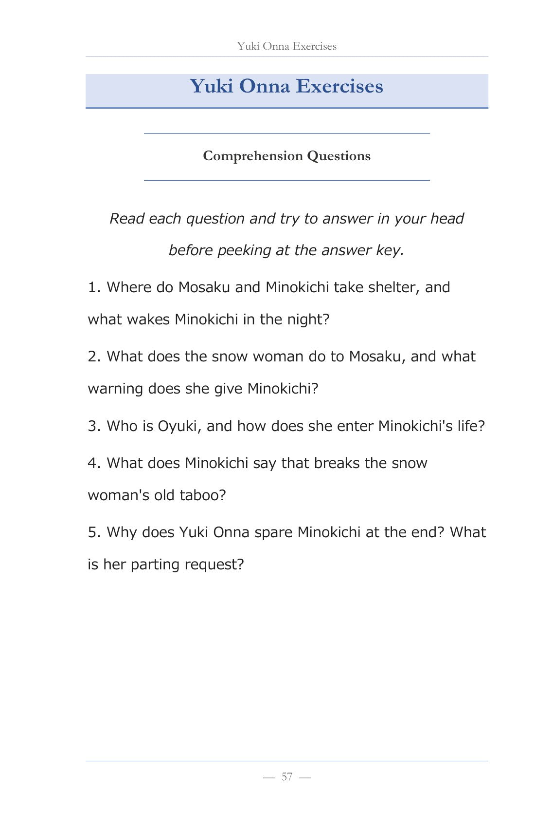 Exercises after every story, page 58 of Learn Japanese with Stories Volume 6: Yuki Onna