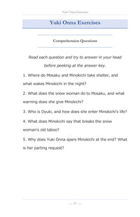 Exercises after every story, page 58 of Learn Japanese with Stories Volume 6: Yuki Onna