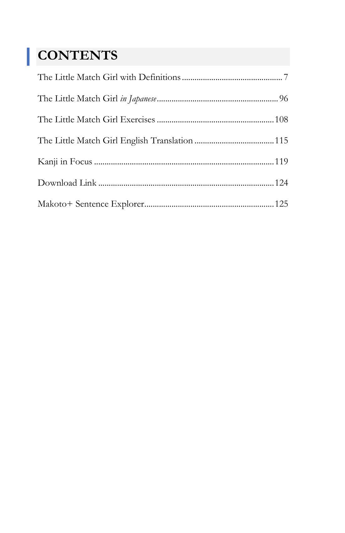 Contents, page 7 of Learn Japanese with Stories Volume 7: The Little Match Girl