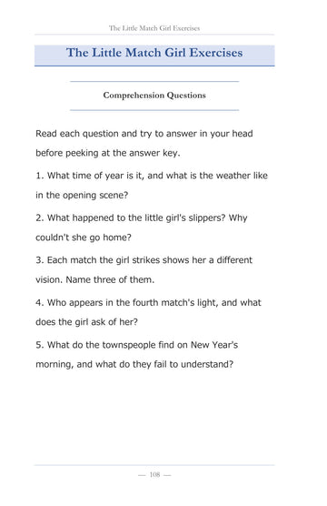 Exercises after every story, page 109 of Learn Japanese with Stories Volume 7: The Little Match Girl