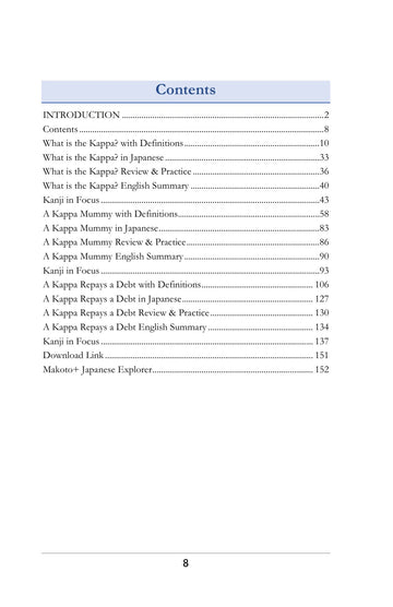 Contents, page 9 of Learn Japanese with Yokai Volume 1: The Kappa