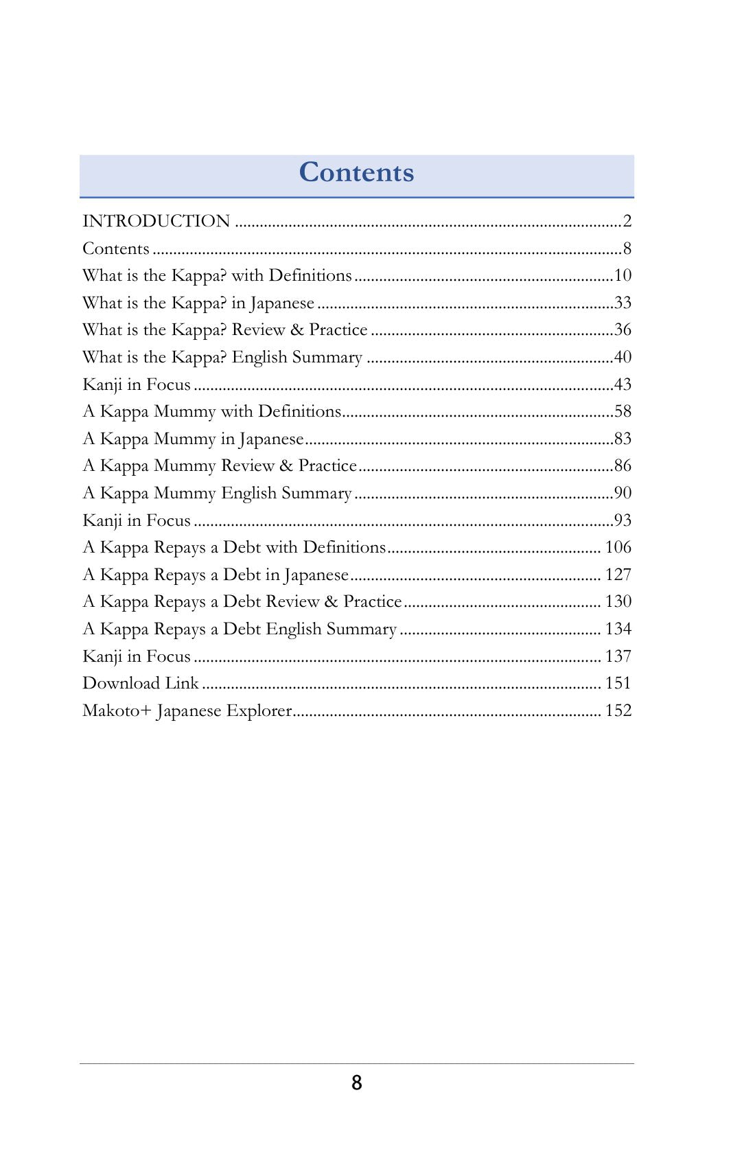 Contents, page 9 of Learn Japanese with Yokai Volume 1: The Kappa