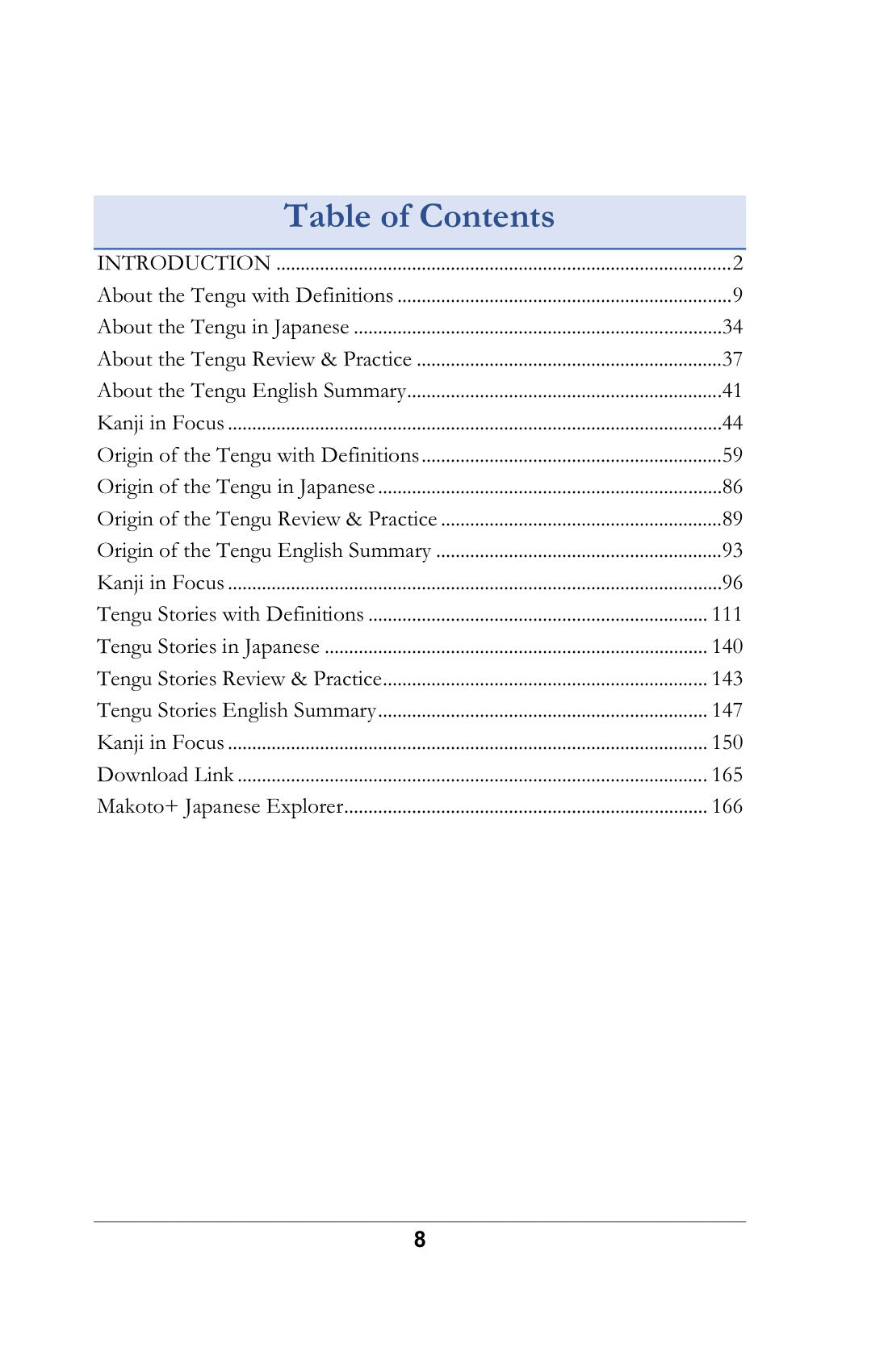 Contents, page 9 of Learn Japanese with Yokai Volume 2: The Tengu