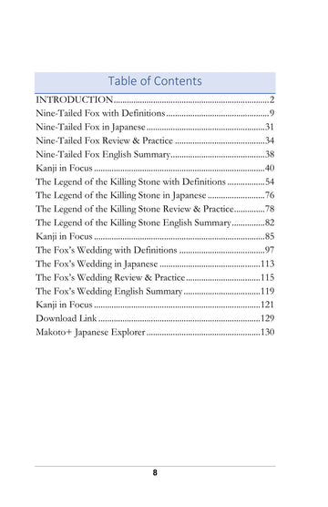 Contents, page 9 of Learn Japanese with Yokai Volume 4: The Fox and the Tanuki