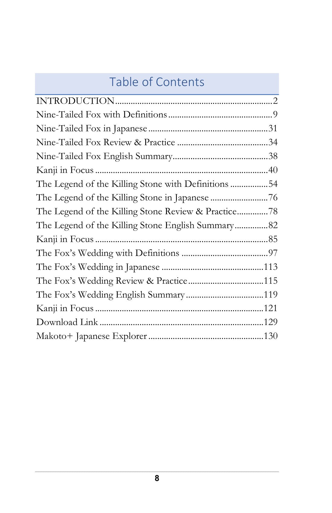 Contents, page 9 of Learn Japanese with Yokai Volume 4: The Fox and the Tanuki