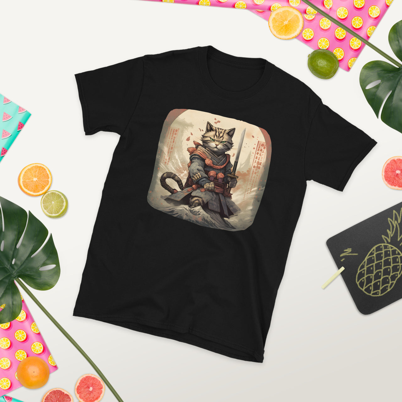 Sumi-e Samurai Japanese Cat Standoff T-Shirt