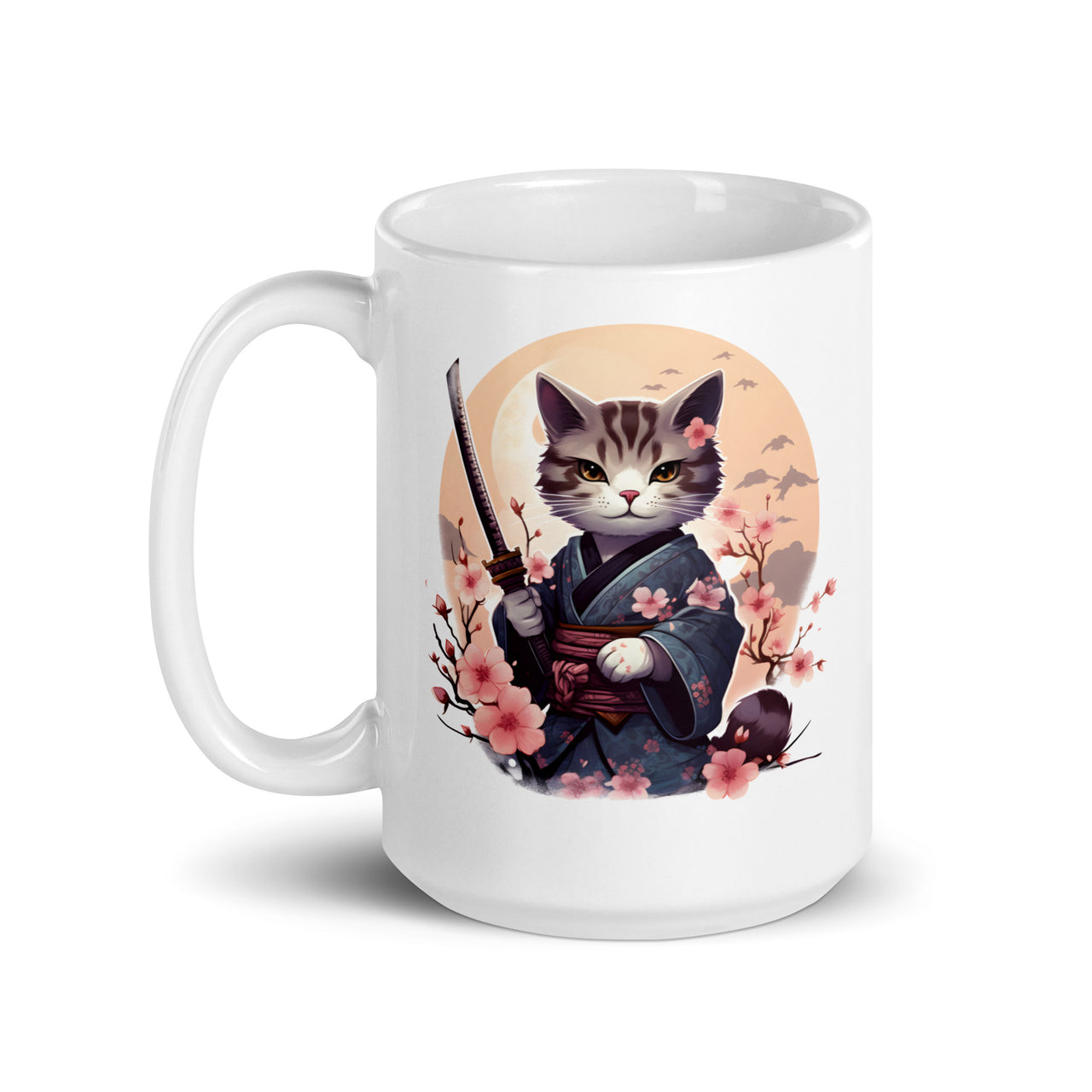 Japanese Anime Samurai Cat in Kimono White Mug