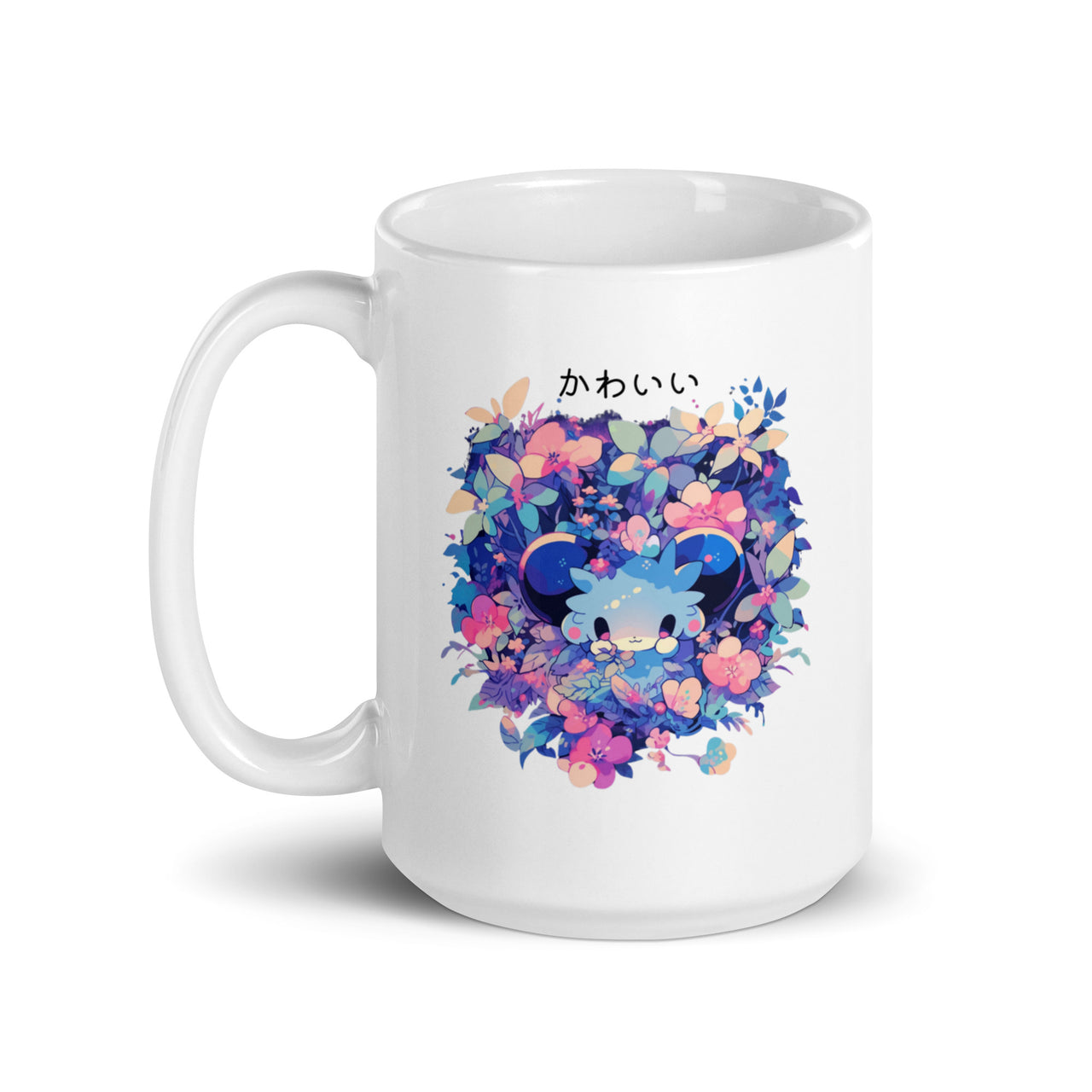 Kawaii Anime Mouse in Colorful Flowers White Mug