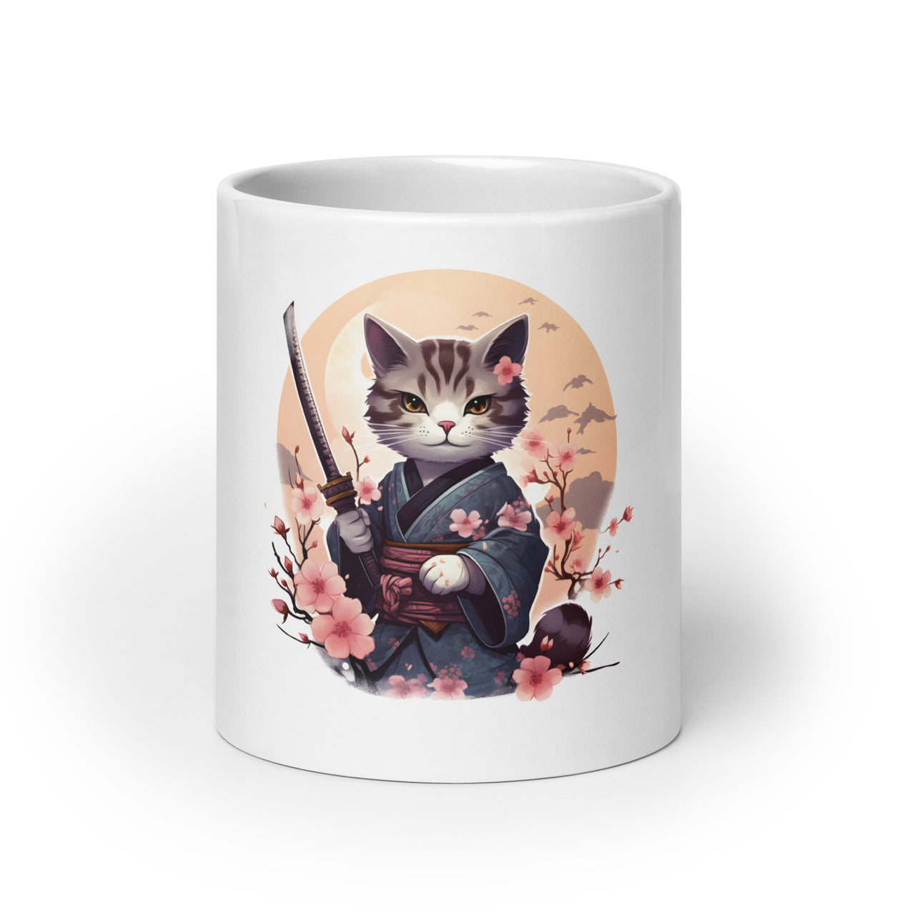 Japanese Anime Samurai Cat in Kimono White Mug