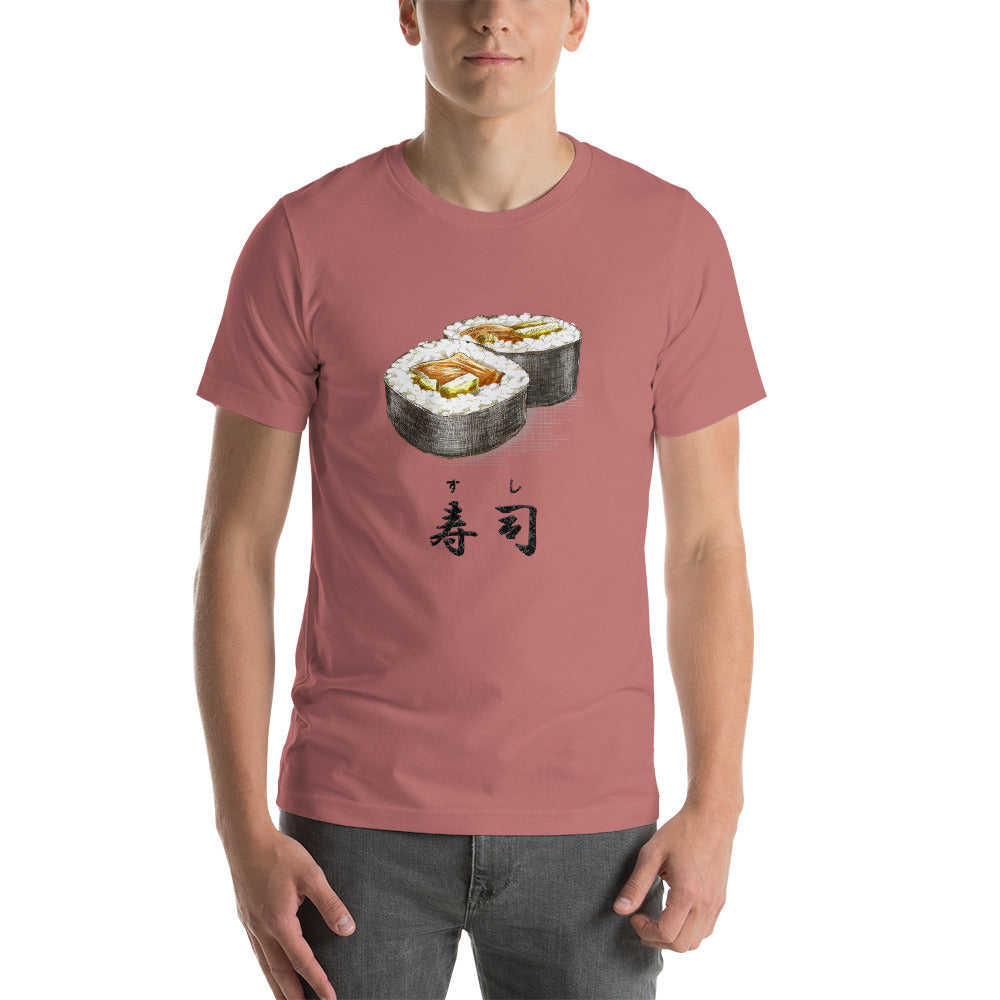 Sushi Roll with the Japanese Kanji for Sushi T-Shirt. Short-Sleeve Unisex T-Shirt - The Japan Shop